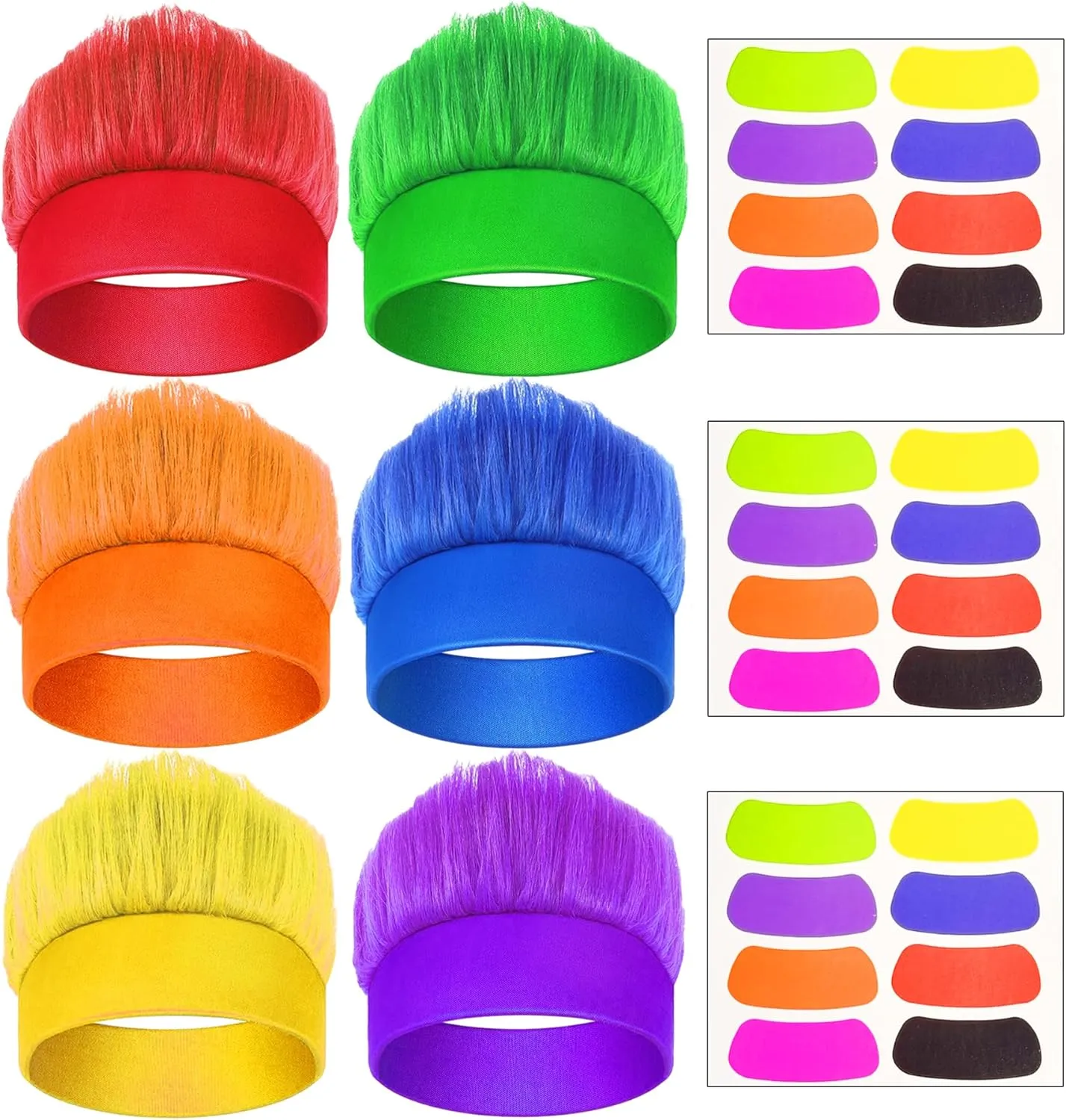 6Pcs Hairy Headbands Trolls Flowy Crazy Hair & Stickers - Spirit Week Accessory Sports Cheering Headwear Costume Props (Mixed Colors)