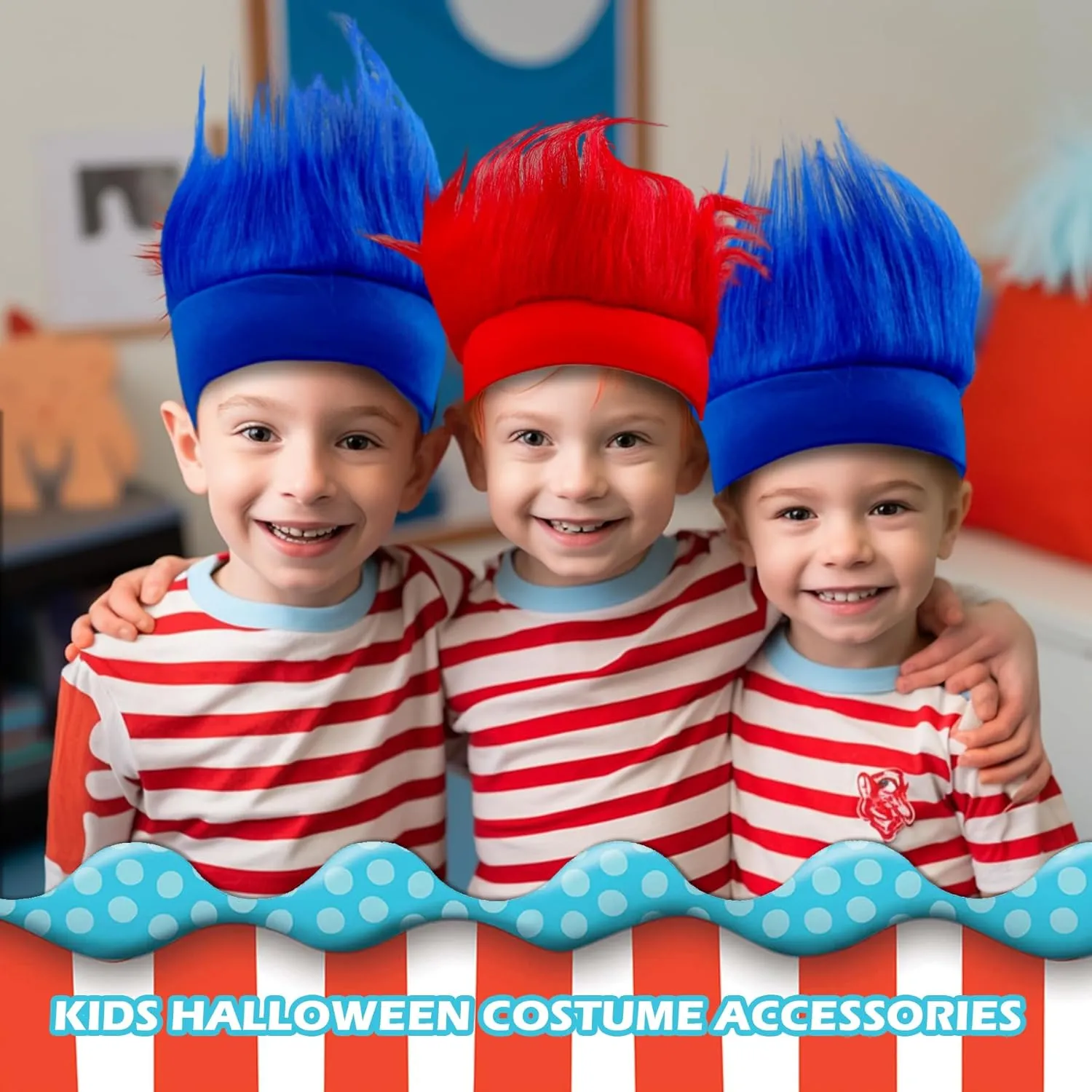6Pcs Hairy Headbands Trolls Flowy Crazy Hair & Stickers - Spirit Week Accessory Sports Cheering Headwear Costume Props (Mixed Colors)