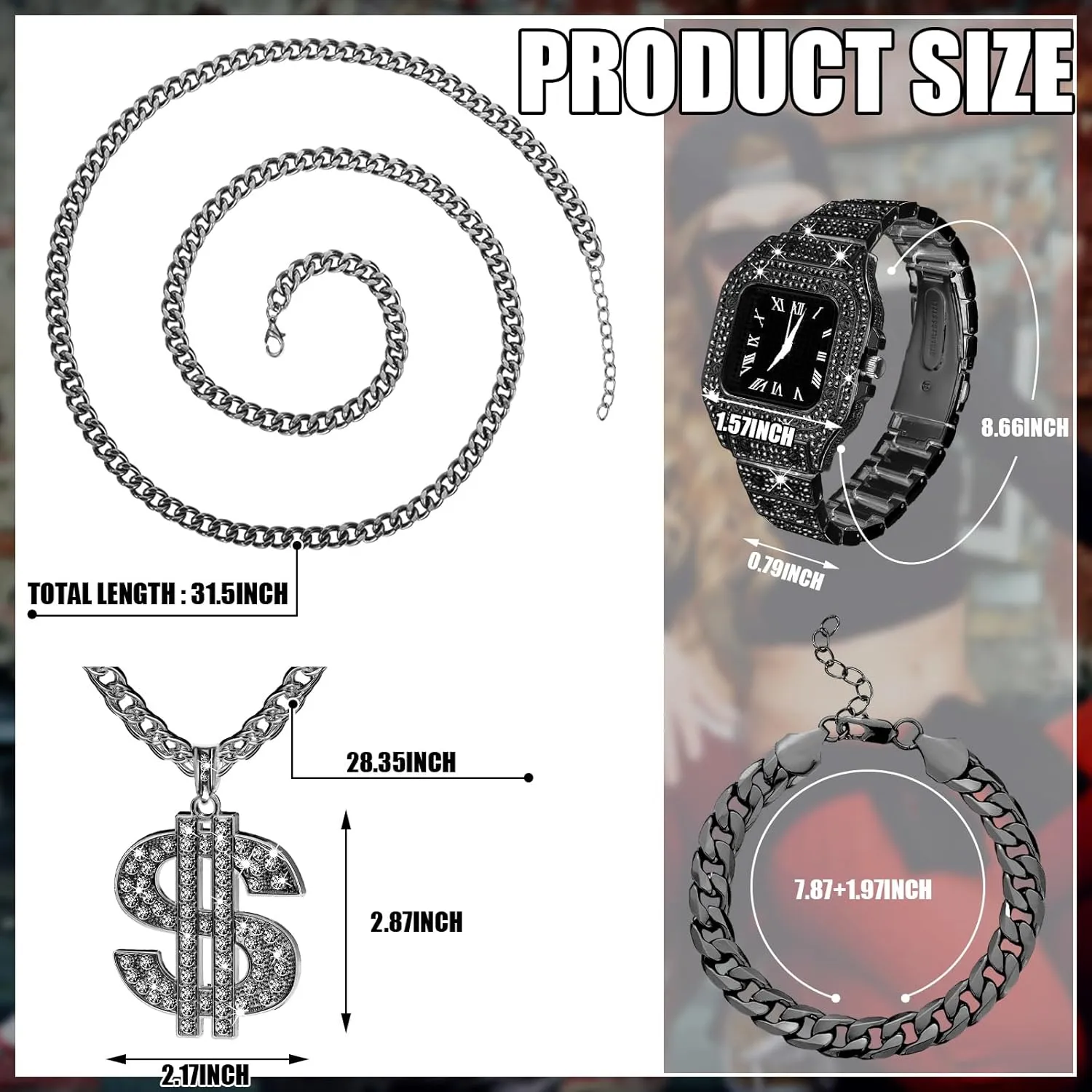 9 Pcs Hip Hop Jewelry Set Dollar Sign Pendant Necklace Bracelet Diamond Watch Punk Sunglasses Ring for Men Halloween