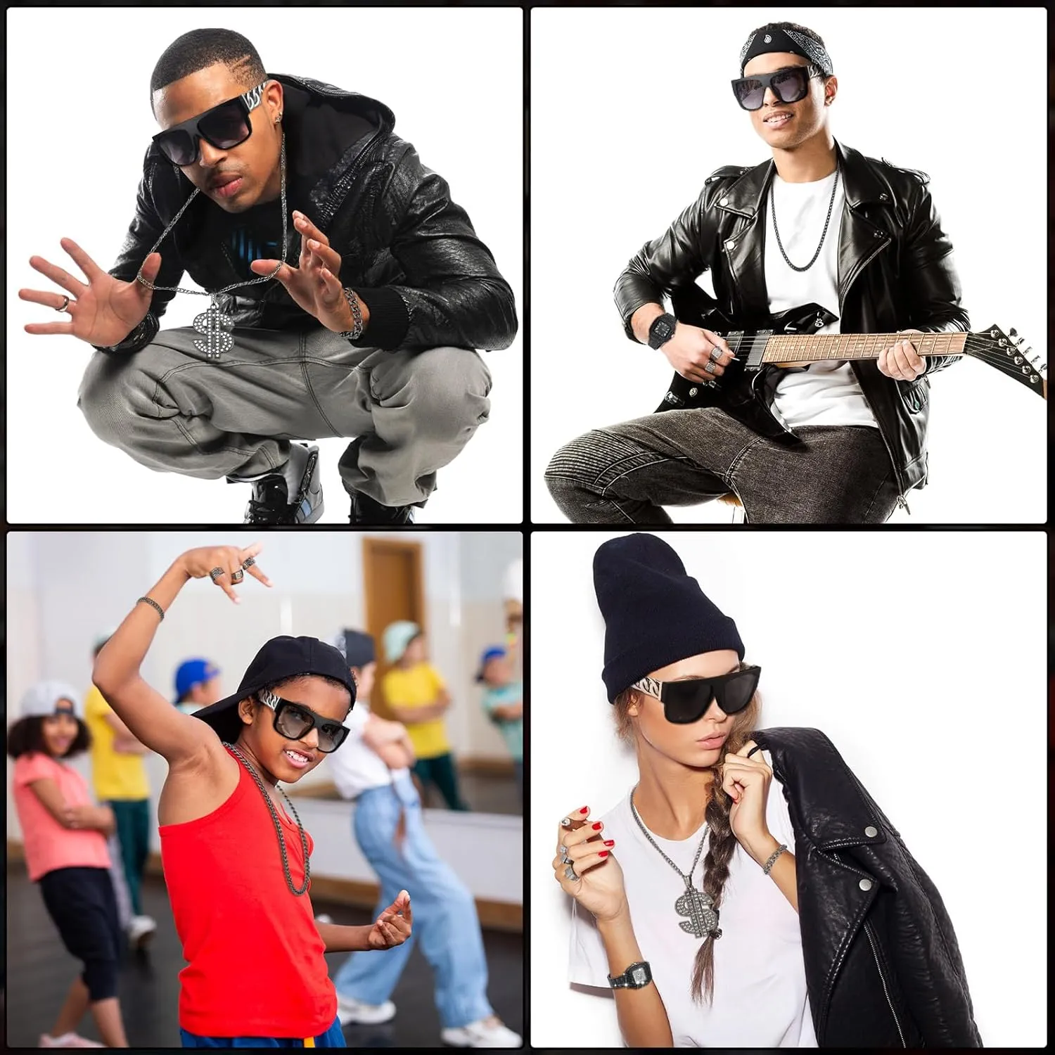 9 Pcs Hip Hop Jewelry Set Dollar Sign Pendant Necklace Bracelet Diamond Watch Punk Sunglasses Ring for Men Halloween