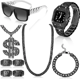 9 Pcs Hip Hop Jewelry Set Dollar Sign Pendant Necklace Bracelet Diamond Watch Punk Sunglasses Ring for Men Halloween