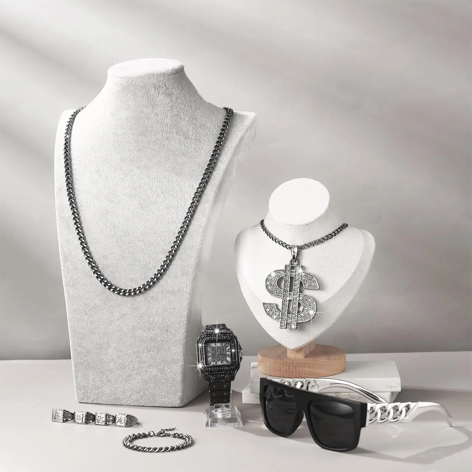 9 Pcs Hip Hop Jewelry Set Dollar Sign Pendant Necklace Bracelet Diamond Watch Punk Sunglasses Ring for Men Halloween