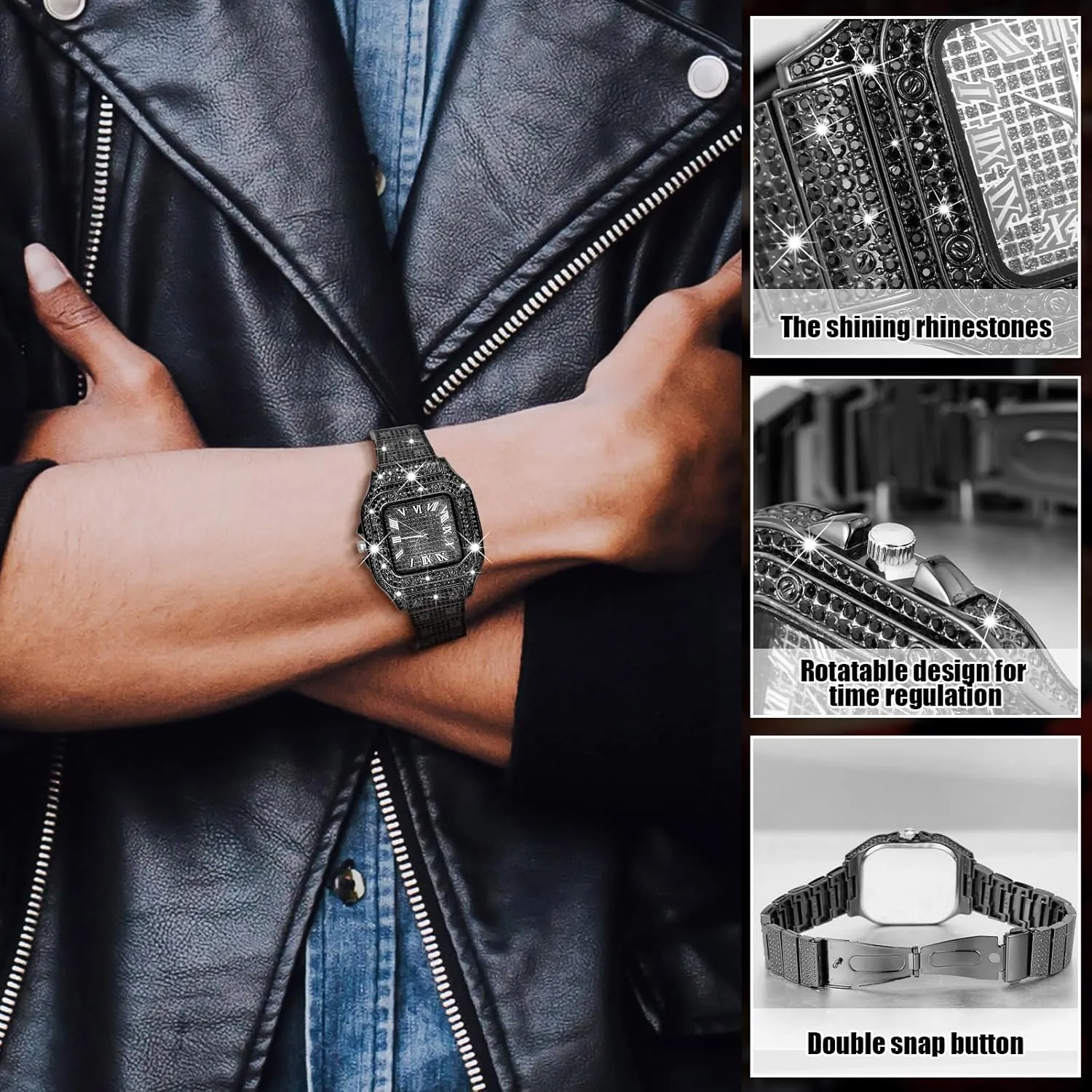 9 Pcs Hip Hop Jewelry Set Dollar Sign Pendant Necklace Bracelet Diamond Watch Punk Sunglasses Ring for Men Halloween