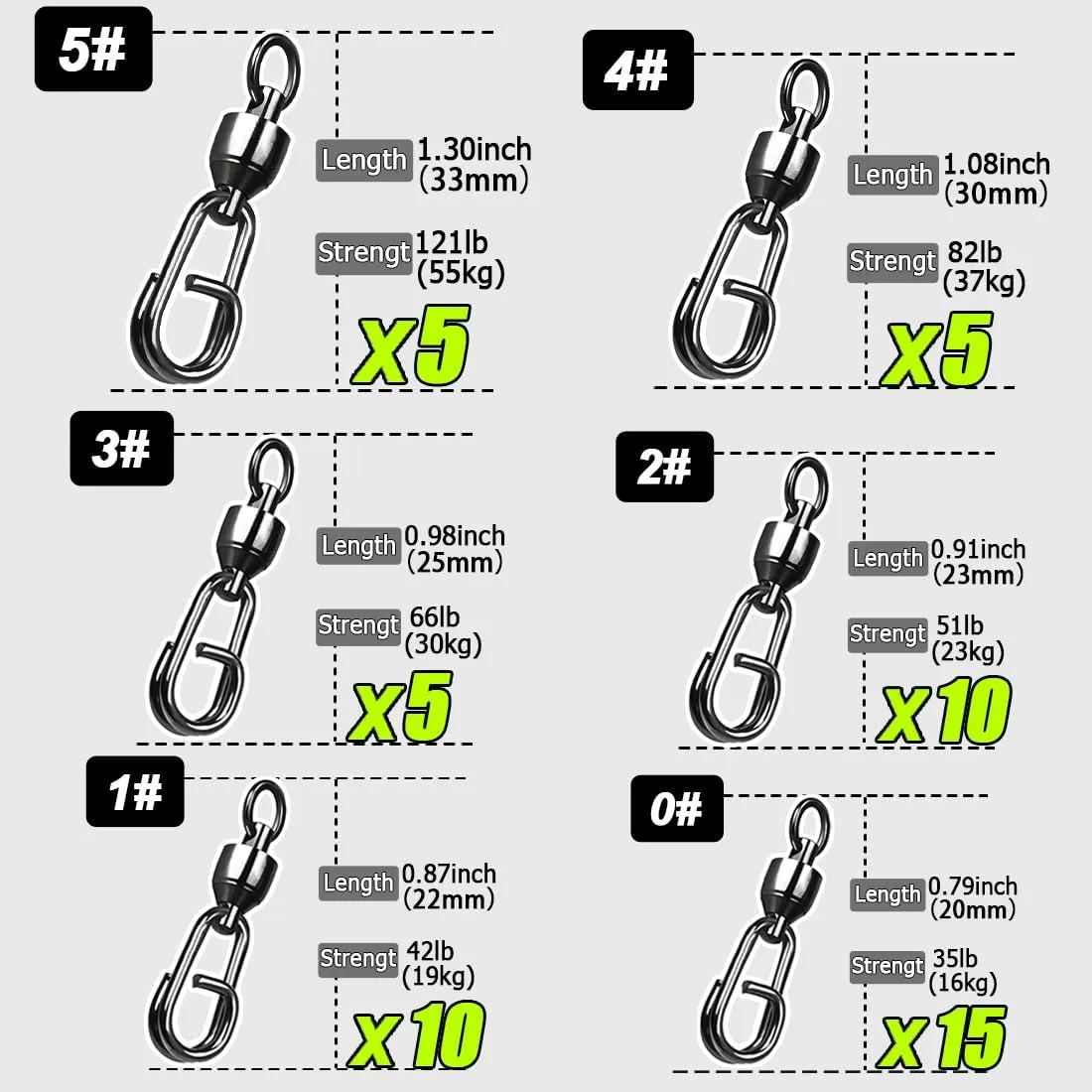 9KM DWLIFE Ball Bearing Fishing Swivels Snaps with Oval Split Rings, Power Snaps Quick Change Fishing Lure Rings Connector