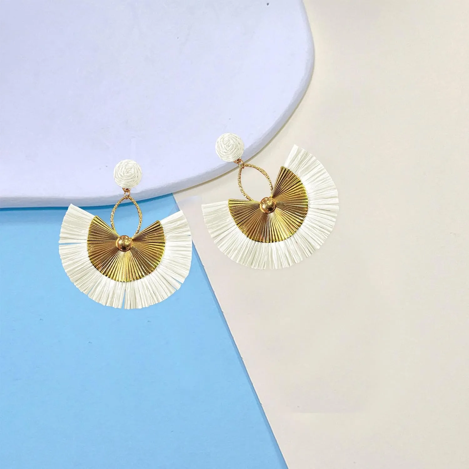 Anmpab Straw Fan Bohemian Tassel Earrings for Women Trendy Colorful Fringe Summer Beach Statement Earrings