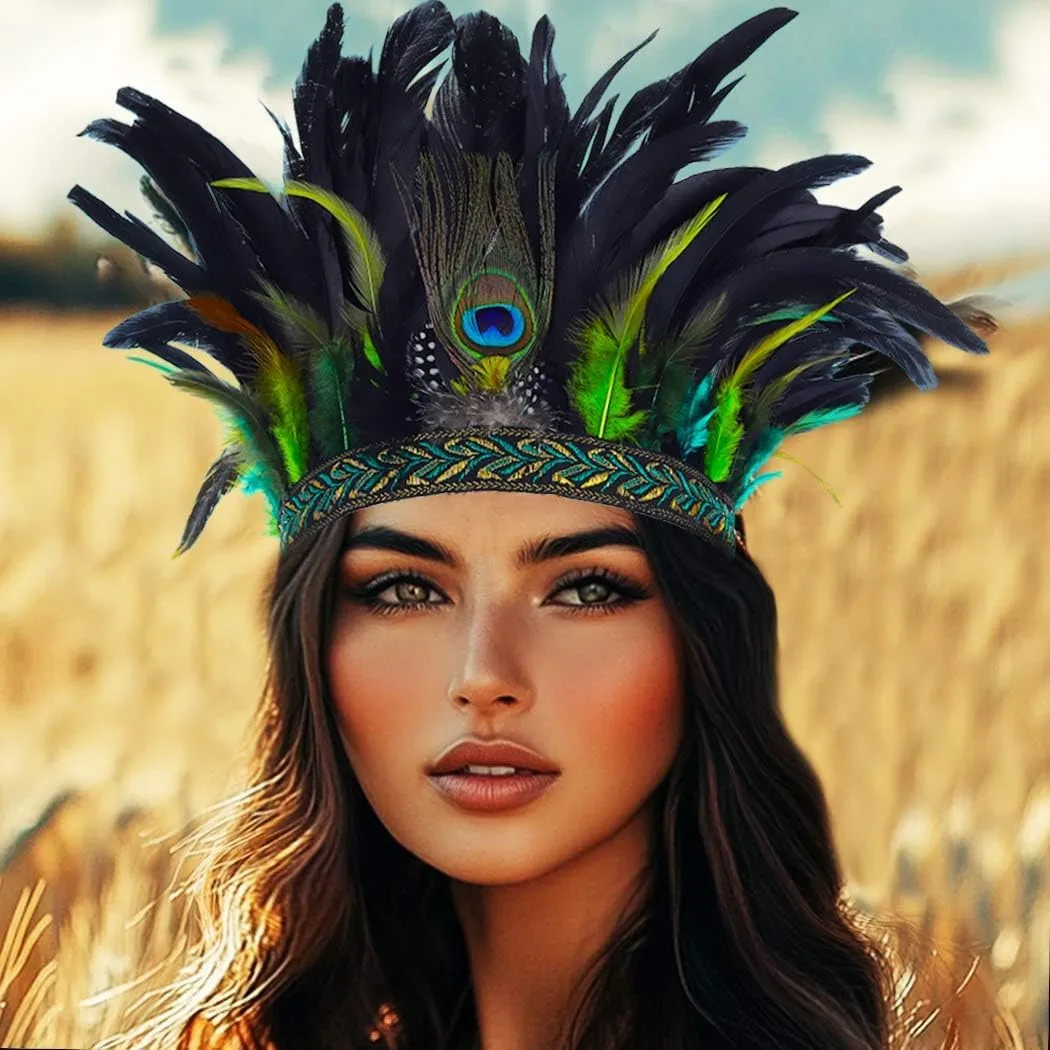 Aukmla Peacock Feather Headband Black Carnival Feather Headpiece Headdress for Women