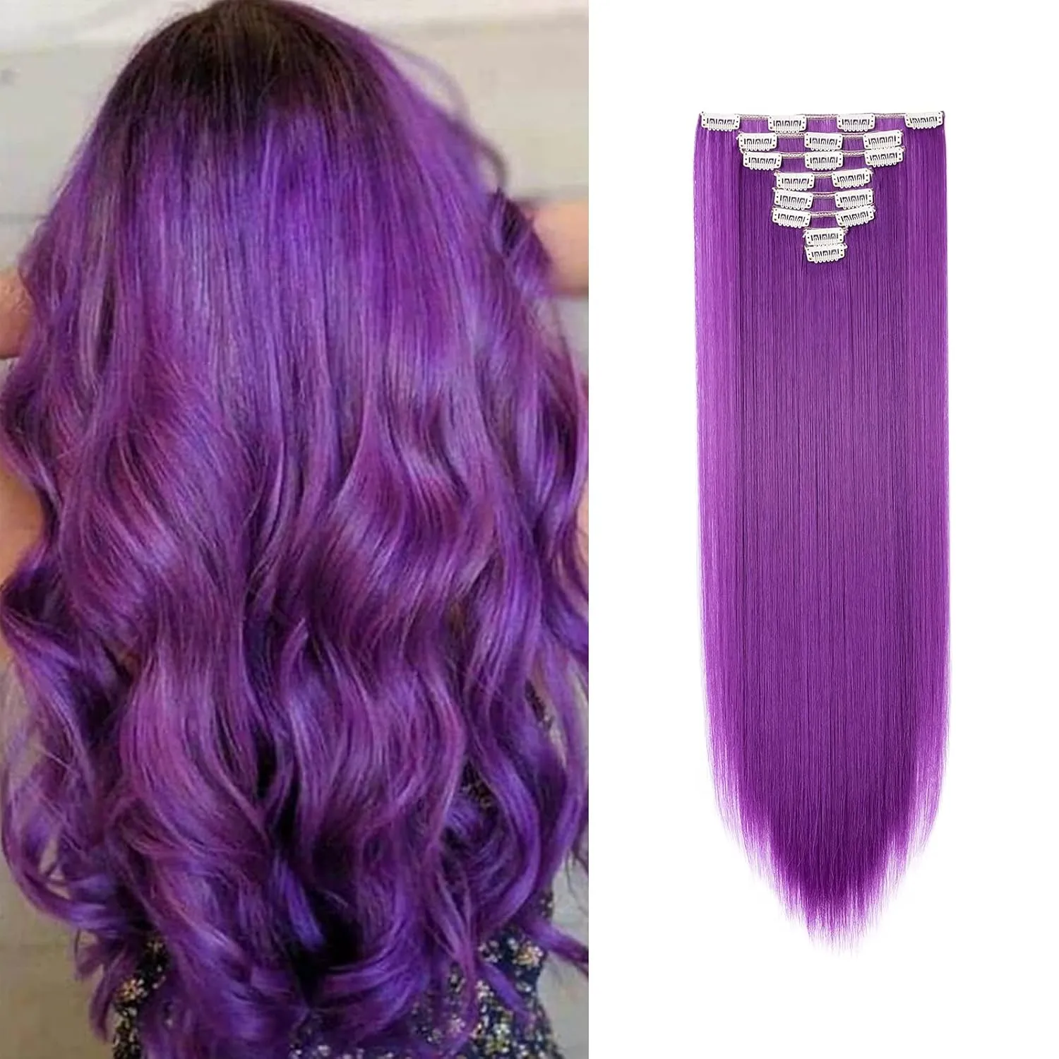 Benehair 8PCS Clip in Hair Extensions for Women Dark Purple Seamless Double Weft Hair Extensions Full Head 18 Clips Women Colorful Hairpiece 26" Straight Tangle-free Silky Soft Party Fashion Cosplay