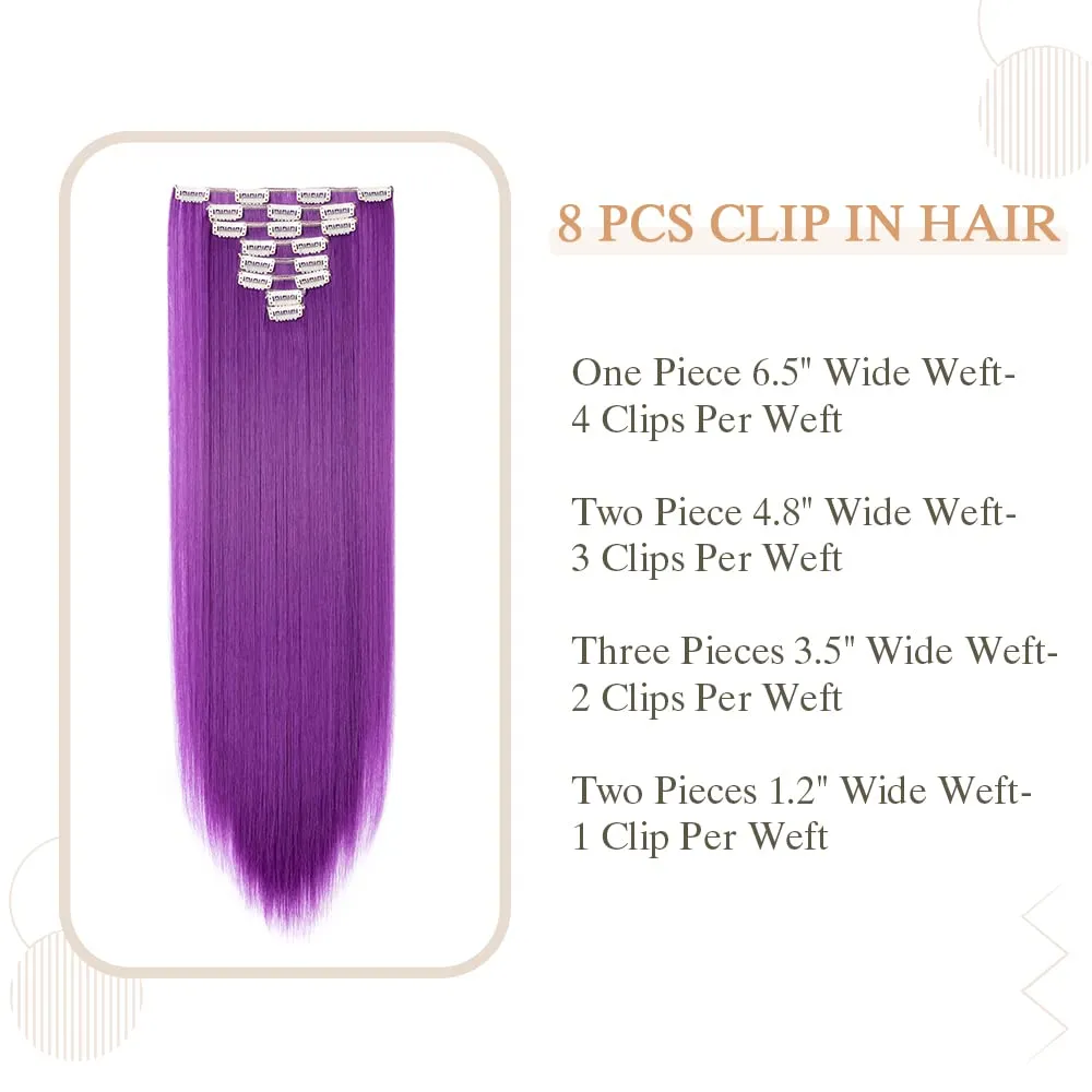 Benehair 8PCS Clip in Hair Extensions for Women Dark Purple Seamless Double Weft Hair Extensions Full Head 18 Clips Women Colorful Hairpiece 26" Straight Tangle-free Silky Soft Party Fashion Cosplay