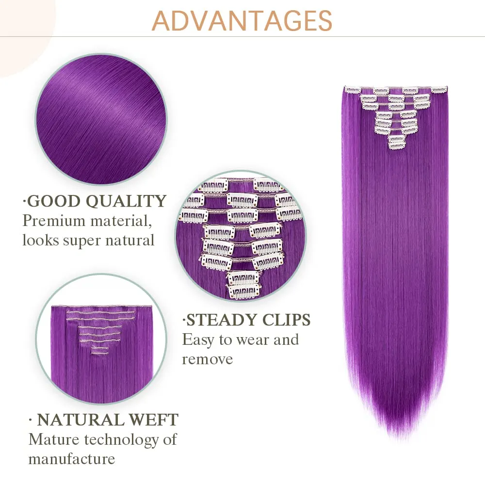 Benehair 8PCS Clip in Hair Extensions for Women Dark Purple Seamless Double Weft Hair Extensions Full Head 18 Clips Women Colorful Hairpiece 26" Straight Tangle-free Silky Soft Party Fashion Cosplay