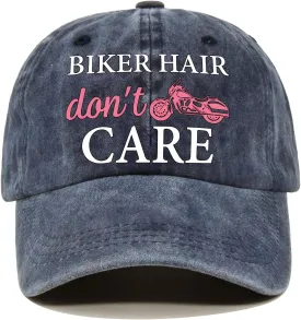 Biker Hair Don't Care Distressed Washed Blue Baseball Cap, Vintage Adjustable Cotton Cap, Retirement Gift for Women, Biker Cap for Mom BFF, Birthday for Motorcycle Enthusiast