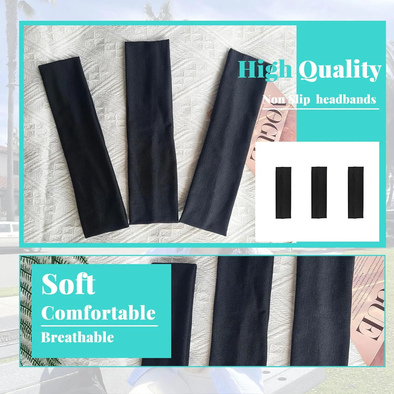Black Headbands for Women Non Slip Head Bands for Women's Hair Elastic Womens Headbands Soft Cotton Cloth Fashion headband for Daily Workout Sports Running Yoga