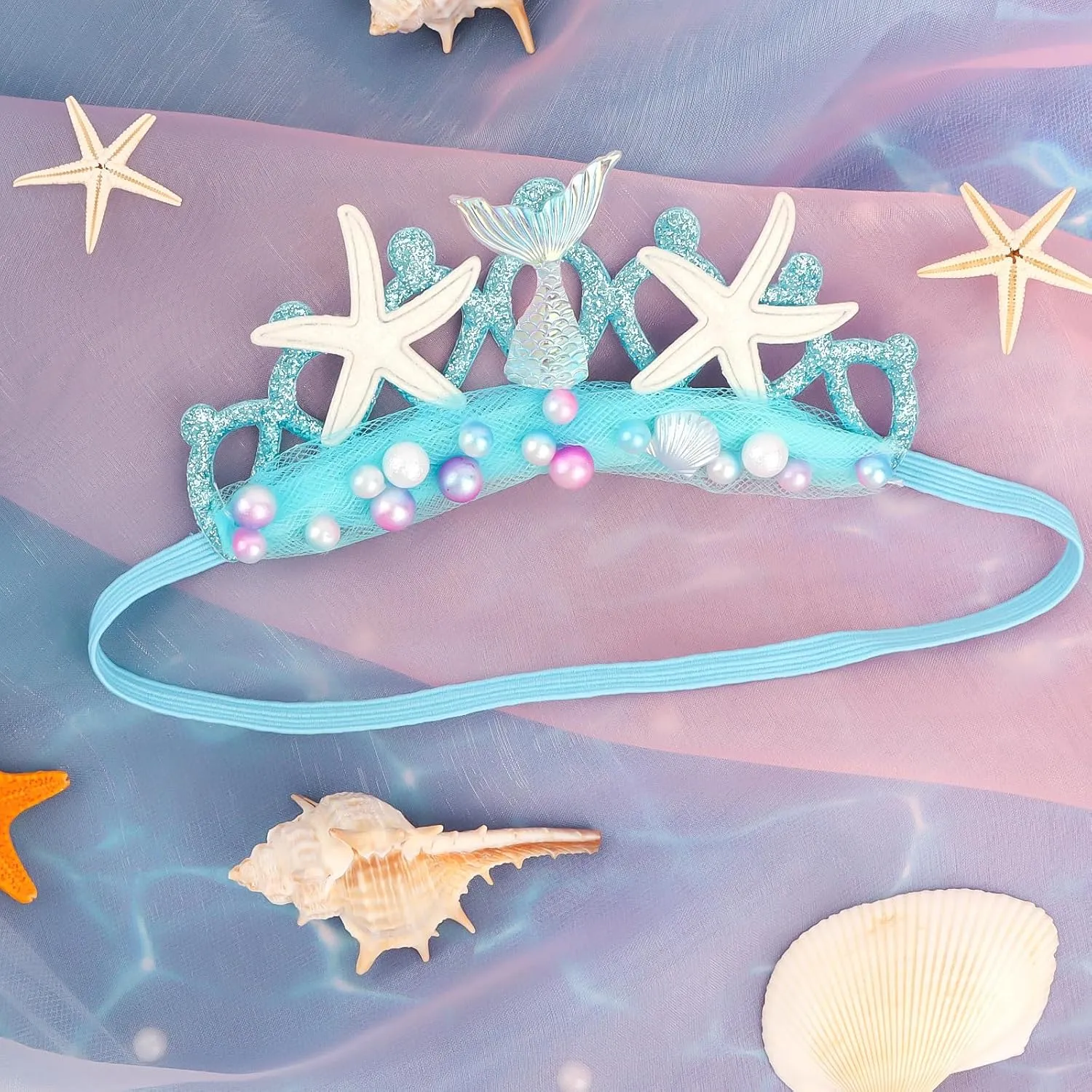 Blue Elastic Headband with Pearl Seashell Starfish Headbands with Veil Fishtails Soft Headwrap Hair Band Hair Accessories