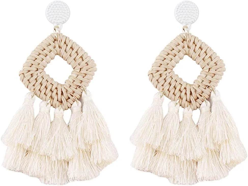 Bohemia Tassel Earrings Statement Handmade Dangle Ethnic Fringe Earrings Bamboo Weaving Geometric Square Sector Gifts for Women