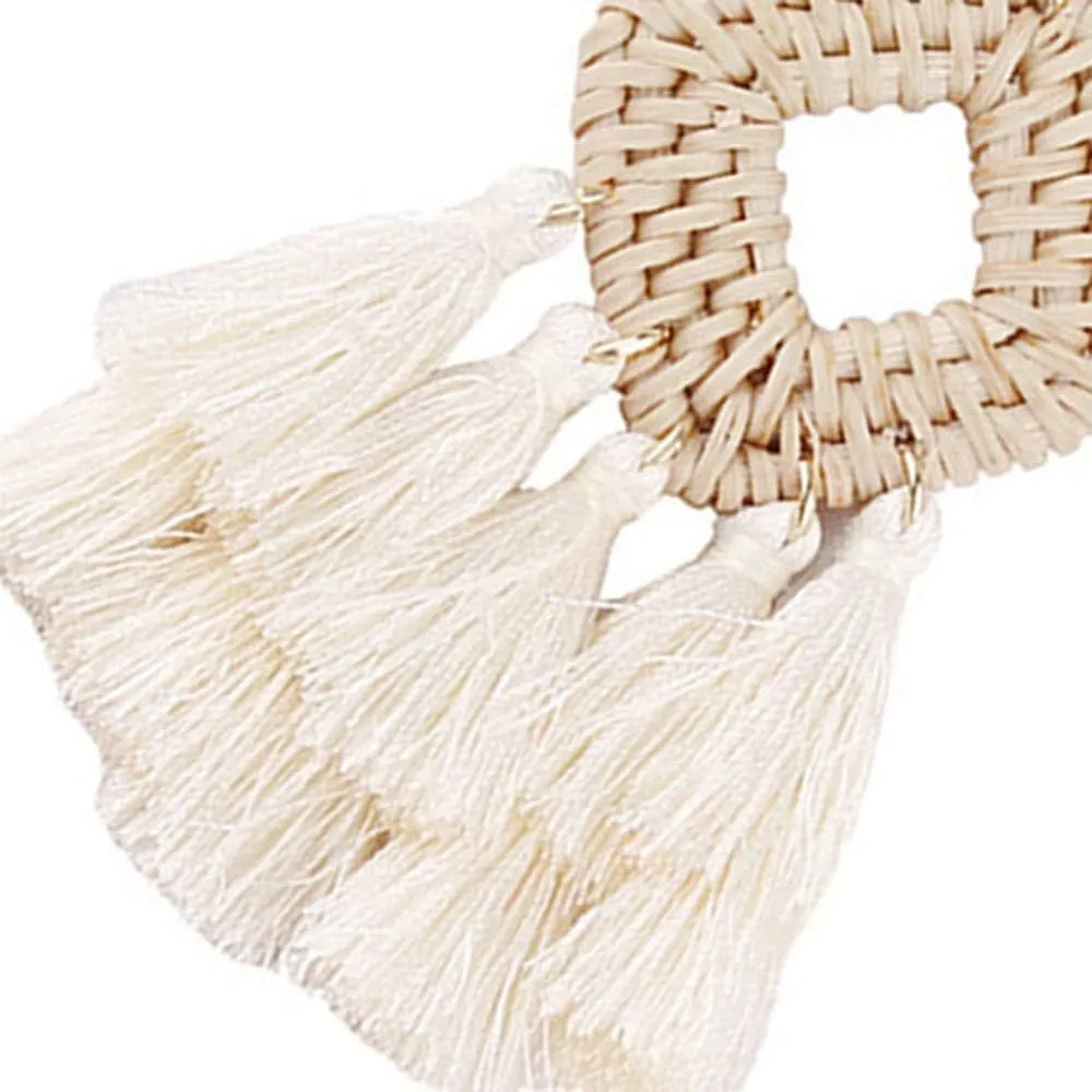 Bohemia Tassel Earrings Statement Handmade Dangle Ethnic Fringe Earrings Bamboo Weaving Geometric Square Sector Gifts for Women