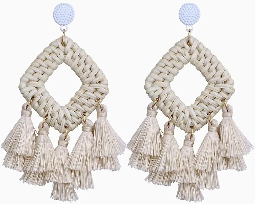 Bohemia Tassel Earrings Statement Handmade Dangle Ethnic Fringe Earrings Bamboo Weaving Geometric Square Sector Gifts for Women