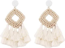 Bohemia Tassel Earrings Statement Handmade Dangle Ethnic Fringe Earrings Bamboo Weaving Geometric Square Sector Gifts for Women