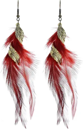 Bohemian Handmade Natural Long Feather Dangle Earrings Vintage Boho Multicolor Tassel Feathers Dangle Drop Earrings for Women Girls Jewelry