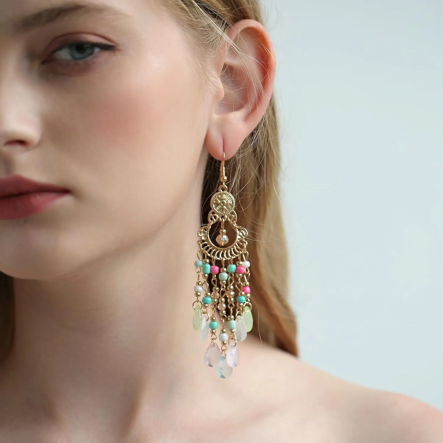 Boho Beaded Tassel Earrings, Long Fringe Statement Earrings Native Beaded Dangle Earrings for Women