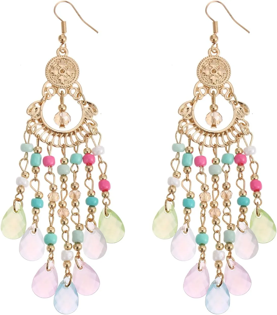 Boho Beaded Tassel Earrings, Long Fringe Statement Earrings Native Beaded Dangle Earrings for Women