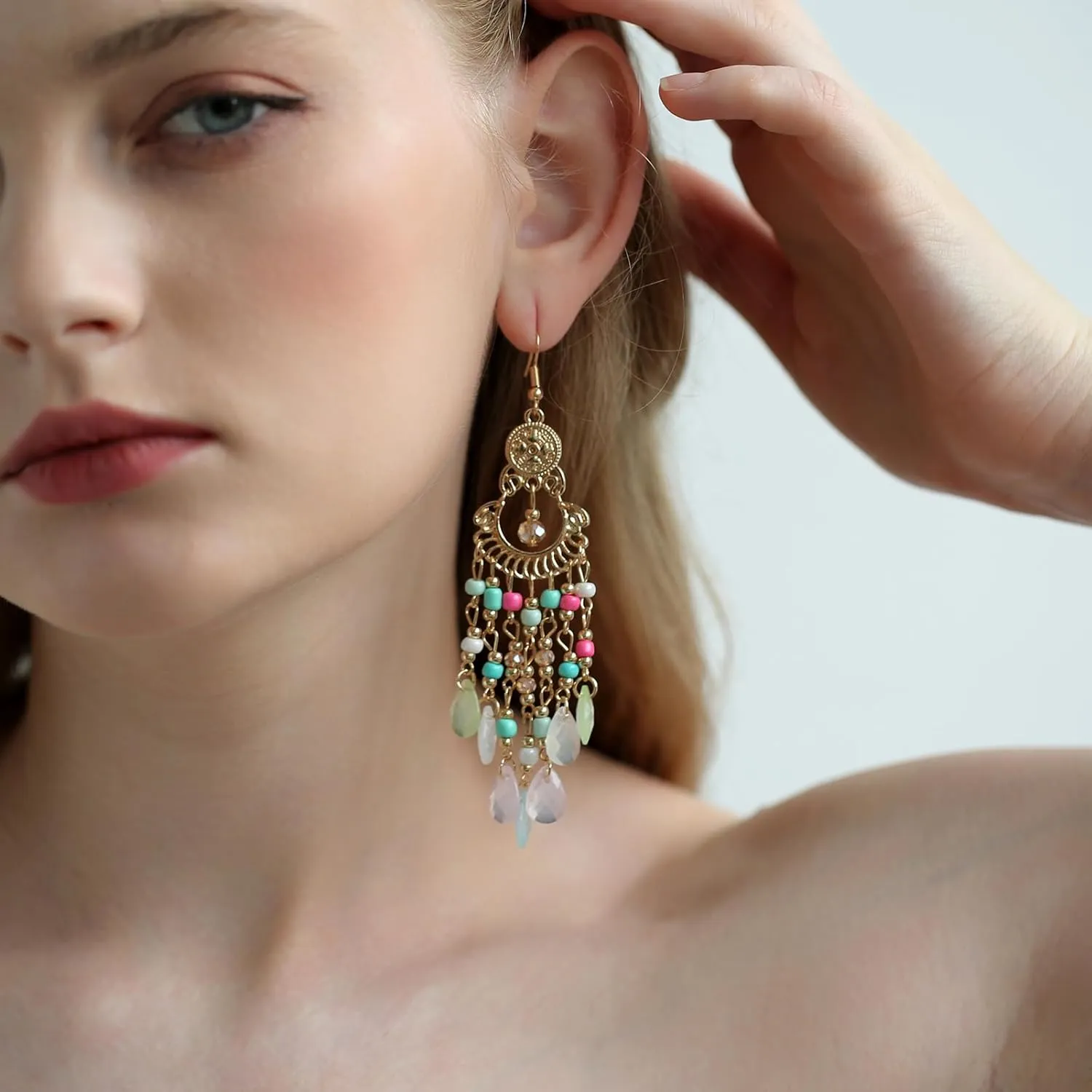Boho Beaded Tassel Earrings, Long Fringe Statement Earrings Native Beaded Dangle Earrings for Women