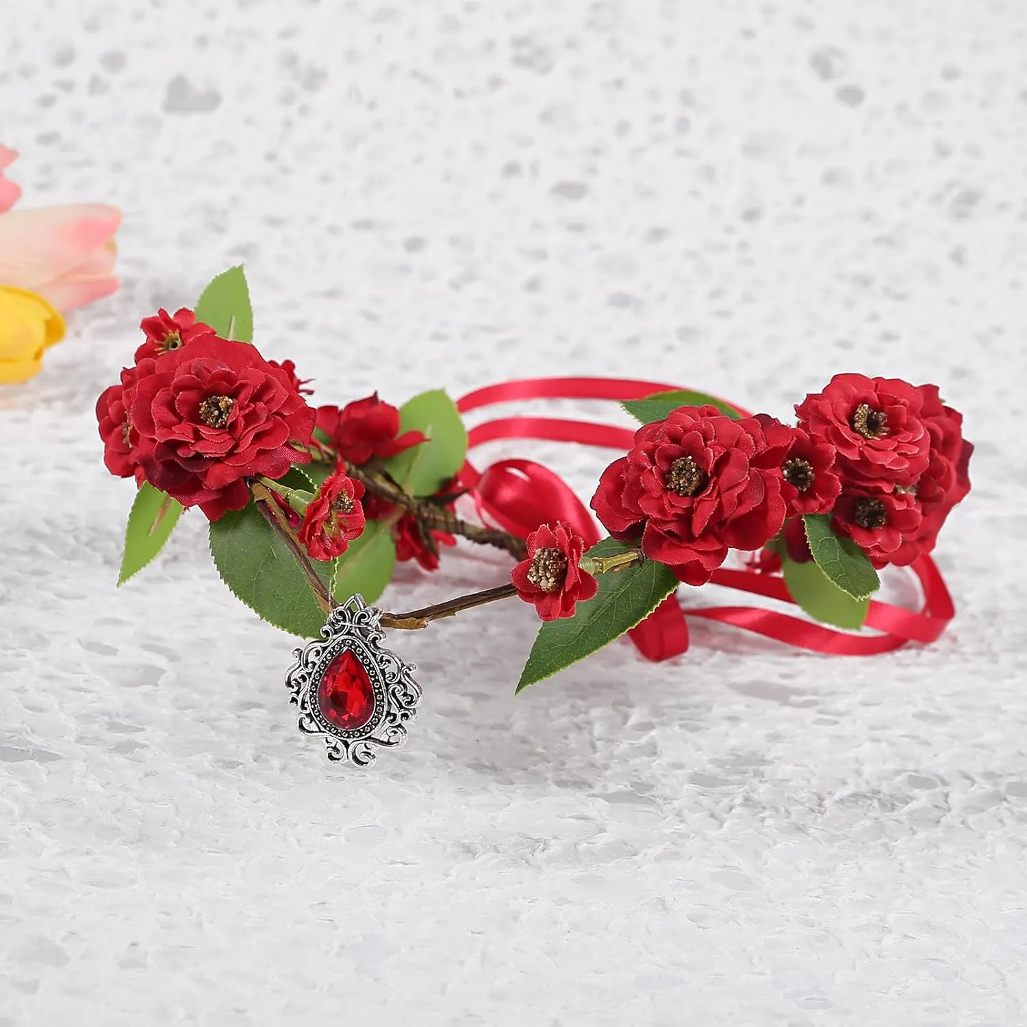 Bubbmi Red Elf Costume Flower Crown Headband with Pendant, Cosplay Party Woodland Forest Fairy Headpiece for Women Girls
