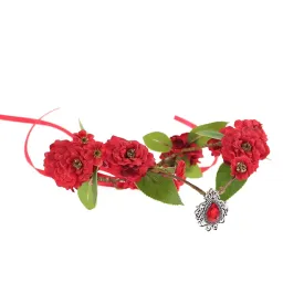 Bubbmi Red Elf Costume Flower Crown Headband with Pendant, Cosplay Party Woodland Forest Fairy Headpiece for Women Girls