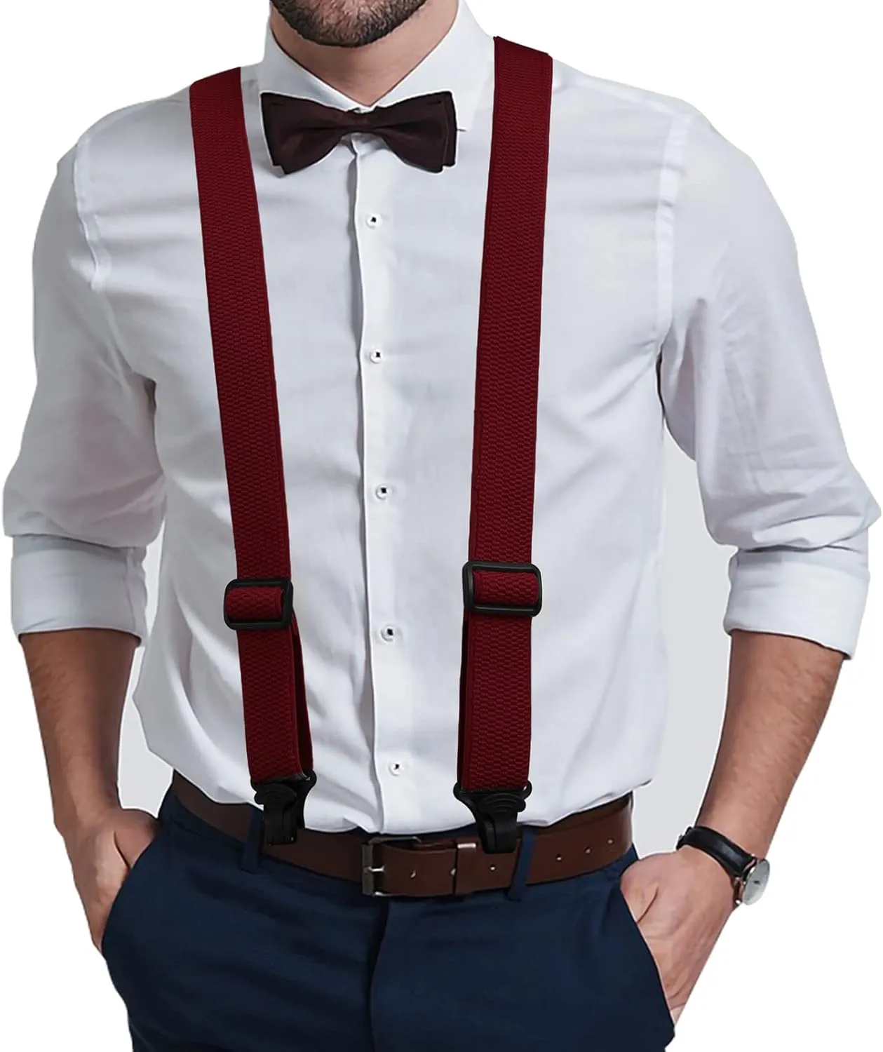 Buyless Fashion Heavy Duty Suspenders for Men - 48" Adjustable Straps 1 1/2" - X Back with Black Plastic Clips