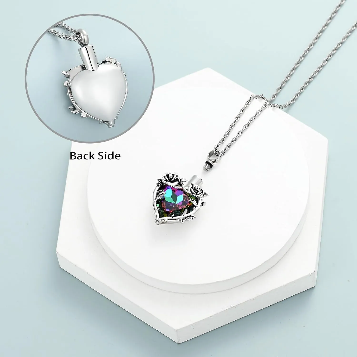 Cremation Jewelry Rose Flower with Heart Crystal Urn Necklace for Ashes Stainless Steel Ashes Pendant for Women Men Keepsake Memorial for Jewelry