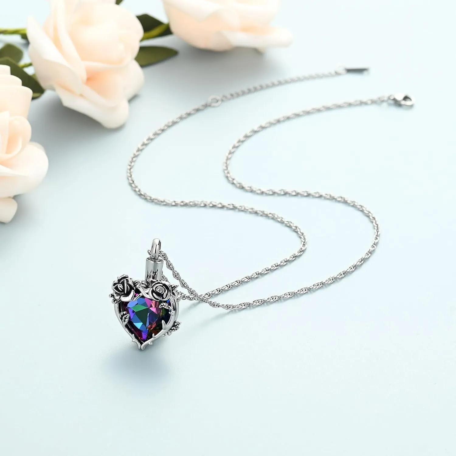 Cremation Jewelry Rose Flower with Heart Crystal Urn Necklace for Ashes Stainless Steel Ashes Pendant for Women Men Keepsake Memorial for Jewelry