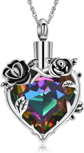 Cremation Jewelry Rose Flower with Heart Crystal Urn Necklace for Ashes Stainless Steel Ashes Pendant for Women Men Keepsake Memorial for Jewelry
