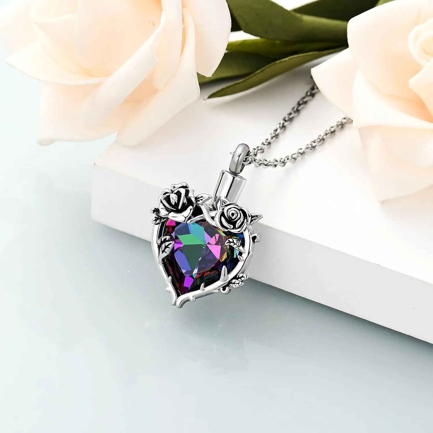 Cremation Jewelry Rose Flower with Heart Crystal Urn Necklace for Ashes Stainless Steel Ashes Pendant for Women Men Keepsake Memorial for Jewelry