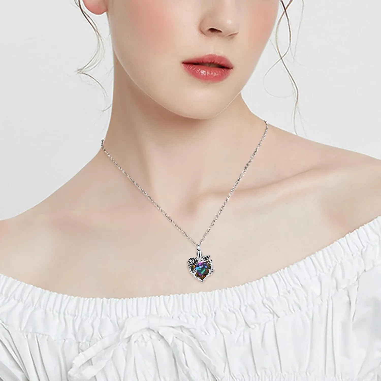 Cremation Jewelry Rose Flower with Heart Crystal Urn Necklace for Ashes Stainless Steel Ashes Pendant for Women Men Keepsake Memorial for Jewelry