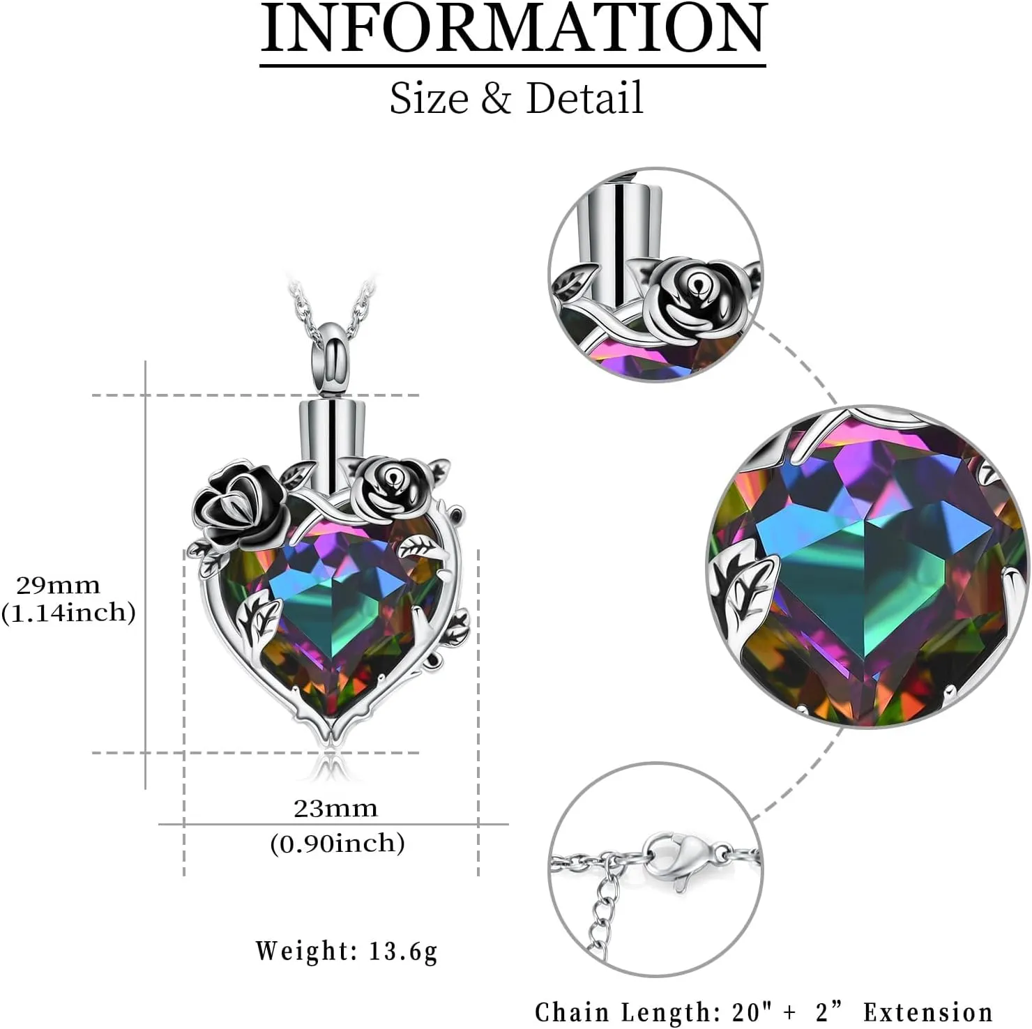 Cremation Jewelry Rose Flower with Heart Crystal Urn Necklace for Ashes Stainless Steel Ashes Pendant for Women Men Keepsake Memorial for Jewelry