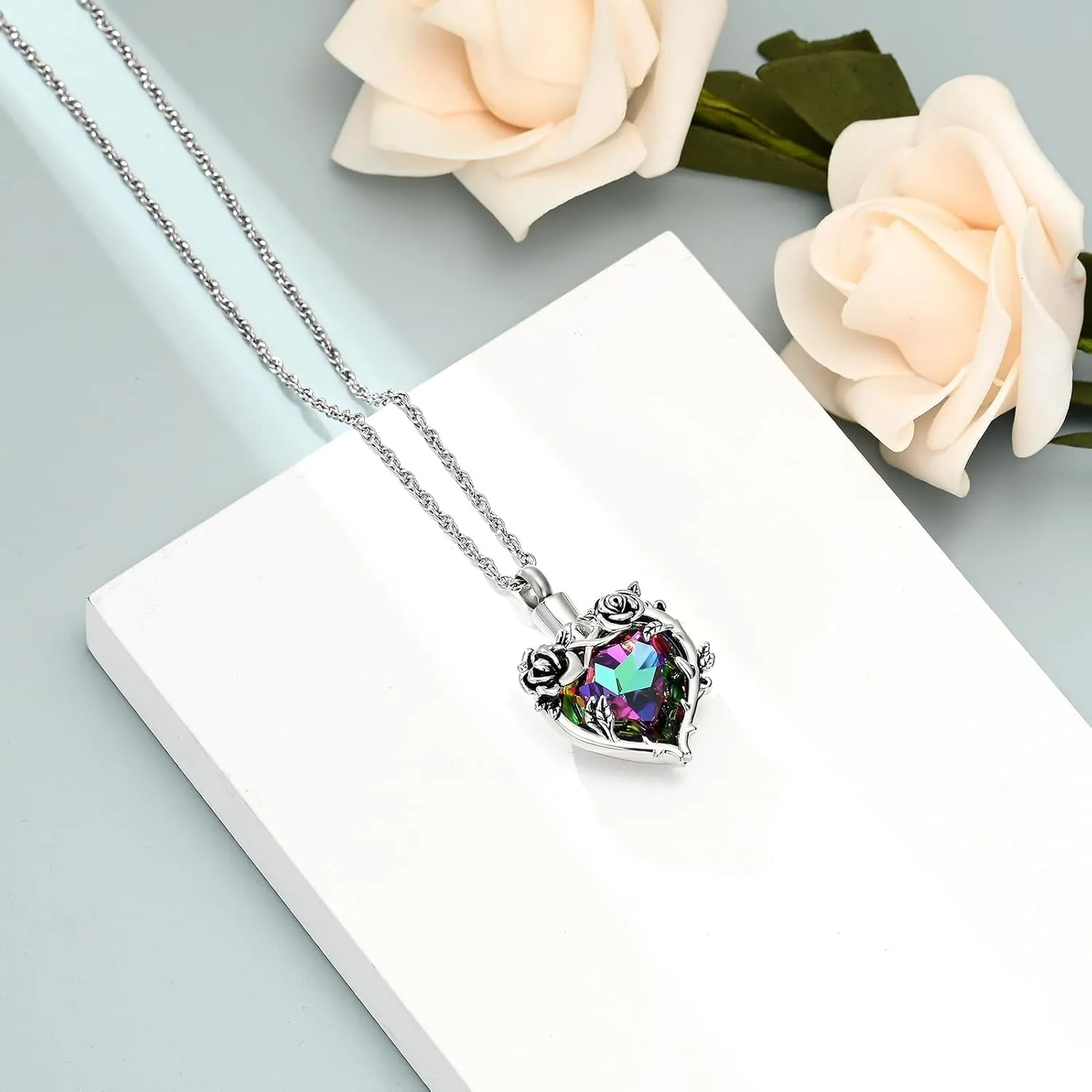 Cremation Jewelry Rose Flower with Heart Crystal Urn Necklace for Ashes Stainless Steel Ashes Pendant for Women Men Keepsake Memorial for Jewelry