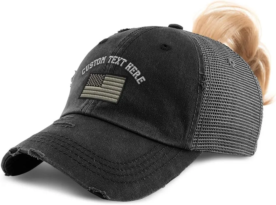 Custom Womens Ponytail Cap Black White American Flag Embroidery Cotton