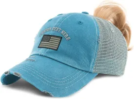 Custom Womens Ponytail Cap Black White American Flag Embroidery Cotton