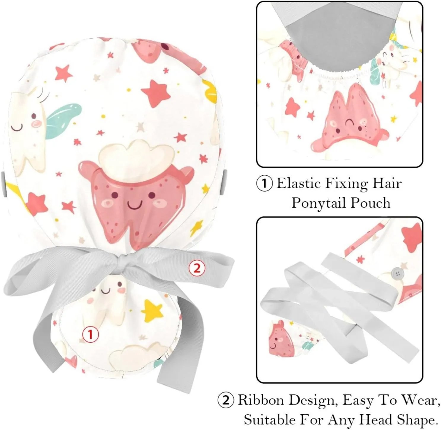 Cute Teeth Pattern Working Cap with Button Long Hair Adjustable Working Hat Ponytail Holder 2 Pcs Tie Back Hats