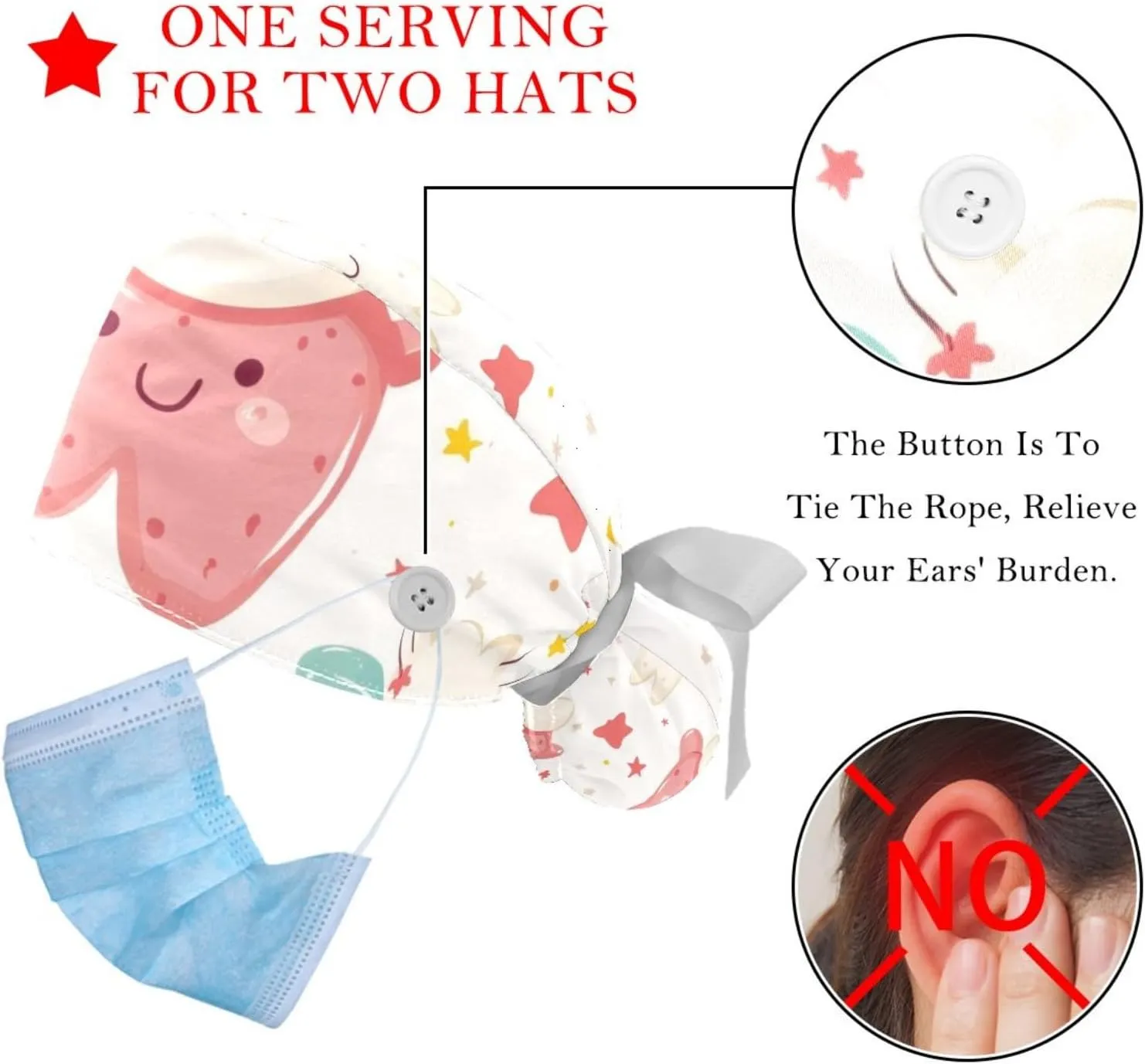 Cute Teeth Pattern Working Cap with Button Long Hair Adjustable Working Hat Ponytail Holder 2 Pcs Tie Back Hats