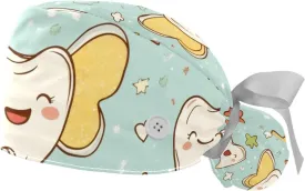 Cute Teeth Pattern Working Cap with Button Long Hair Adjustable Working Hat Ponytail Holder 2 Pcs Tie Back Hats