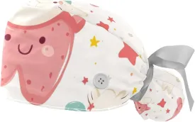 Cute Teeth Pattern Working Cap with Button Long Hair Adjustable Working Hat Ponytail Holder 2 Pcs Tie Back Hats