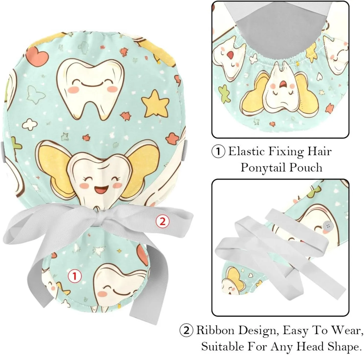 Cute Teeth Pattern Working Cap with Button Long Hair Adjustable Working Hat Ponytail Holder 2 Pcs Tie Back Hats