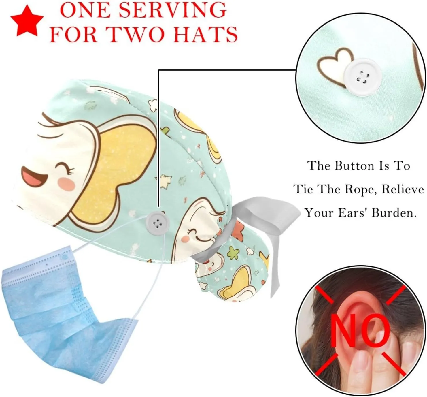Cute Teeth Pattern Working Cap with Button Long Hair Adjustable Working Hat Ponytail Holder 2 Pcs Tie Back Hats