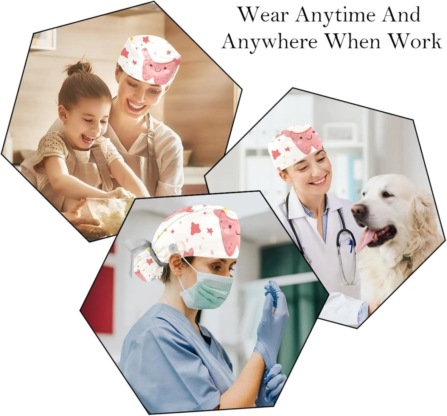 Cute Teeth Pattern Working Cap with Button Long Hair Adjustable Working Hat Ponytail Holder 2 Pcs Tie Back Hats