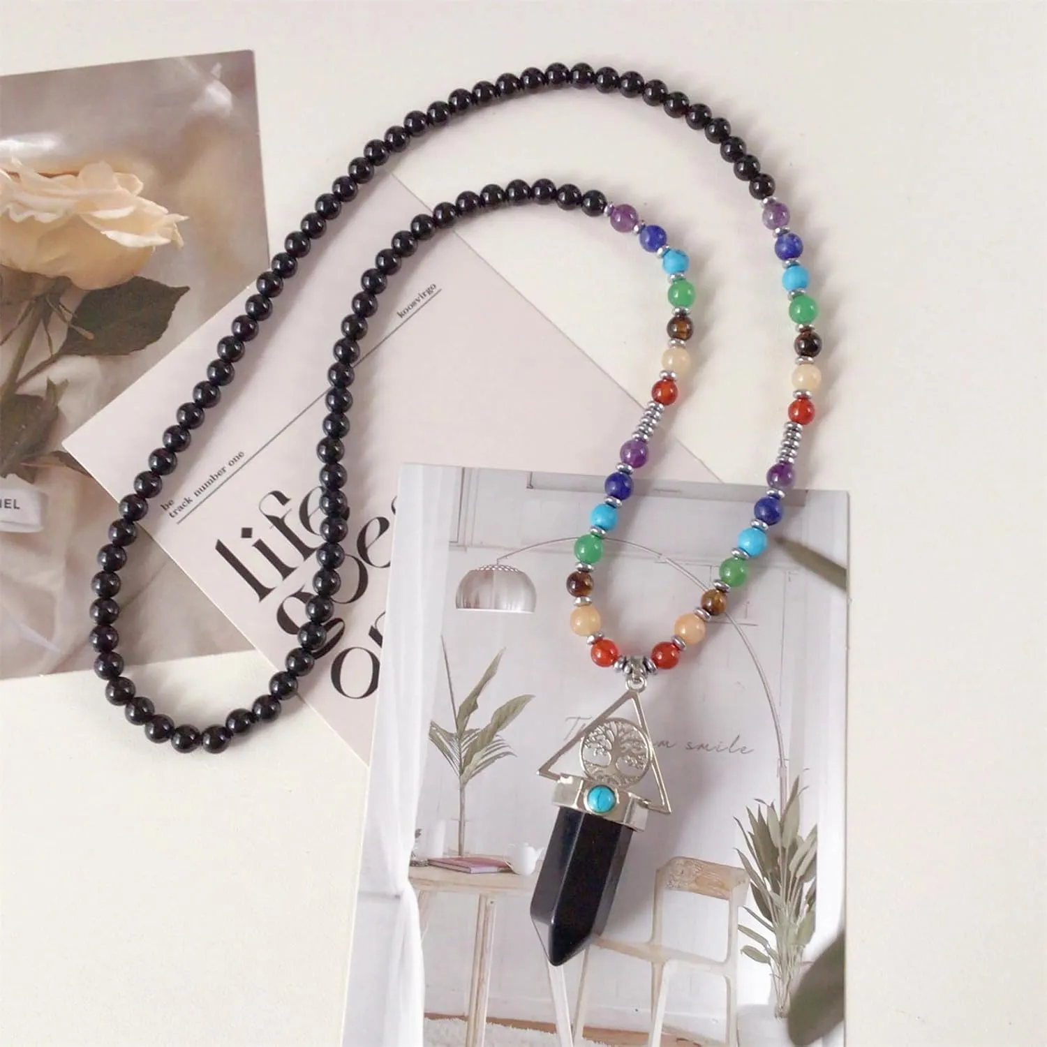 EDEN'S CALL Tree of Life 7 Chakra Stone Beads Necklace for Women and Men Hexagonal Crystal Point Pendant Necklace