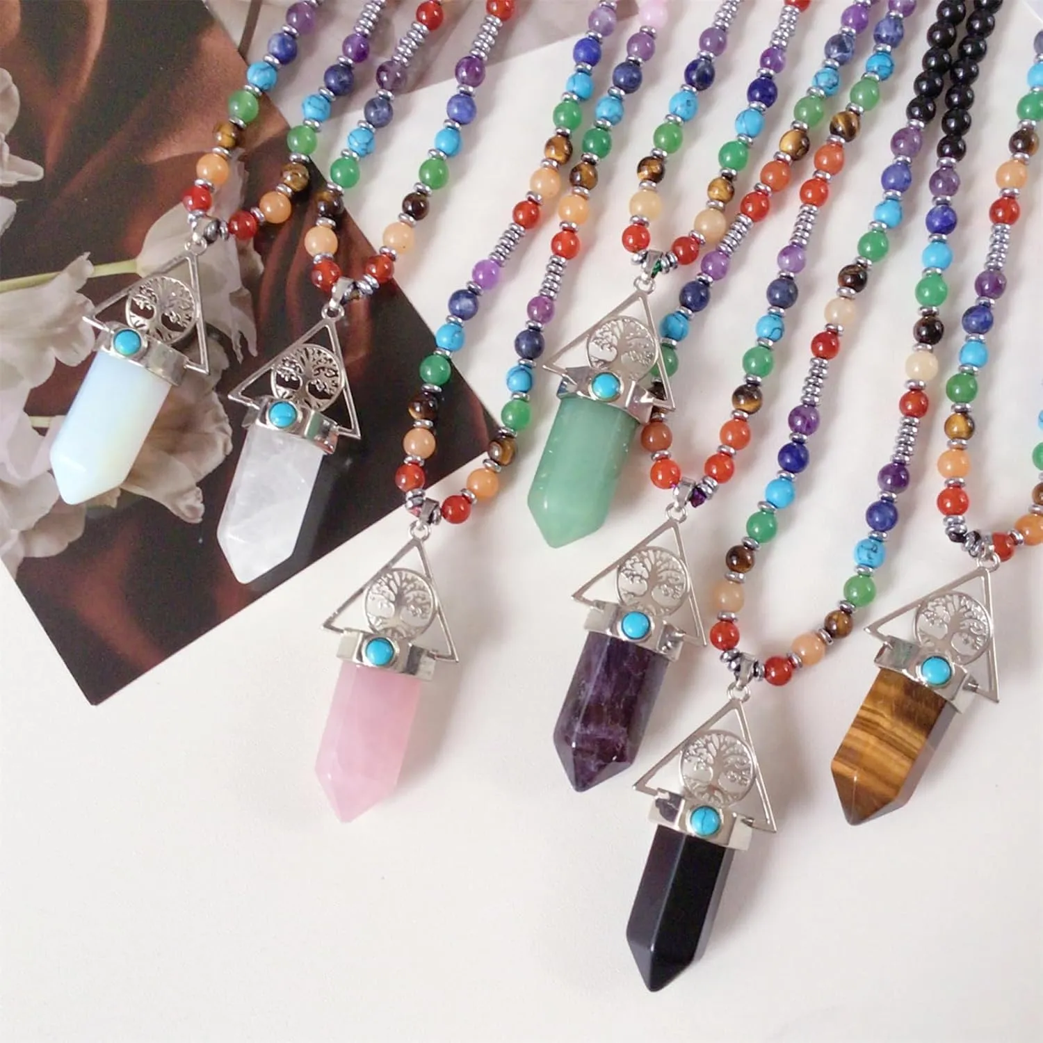 EDEN'S CALL Tree of Life 7 Chakra Stone Beads Necklace for Women and Men Hexagonal Crystal Point Pendant Necklace
