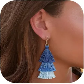 FINREZIO Dangle Tassel Blue Earring for Women Boho Earring Long Thread Tassel Earrings Bohemian Fringe Drop Handmade EarringsGradient