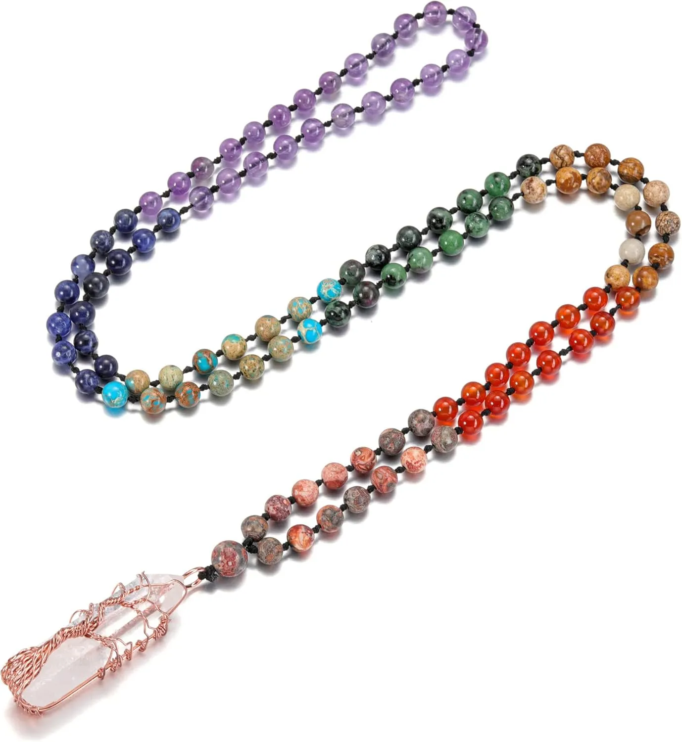 GEHECRST Natural 7 Chakra 108 Mala Prayer Beads Necklace with Reiki Healing Crystal Pointed Pendant 6mm Gemstones Beads Necklace Mens Womens Jewelry for Meditation, Protection