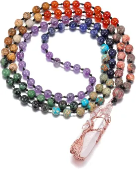 GEHECRST Natural 7 Chakra 108 Mala Prayer Beads Necklace with Reiki Healing Crystal Pointed Pendant 6mm Gemstones Beads Necklace Mens Womens Jewelry for Meditation, Protection