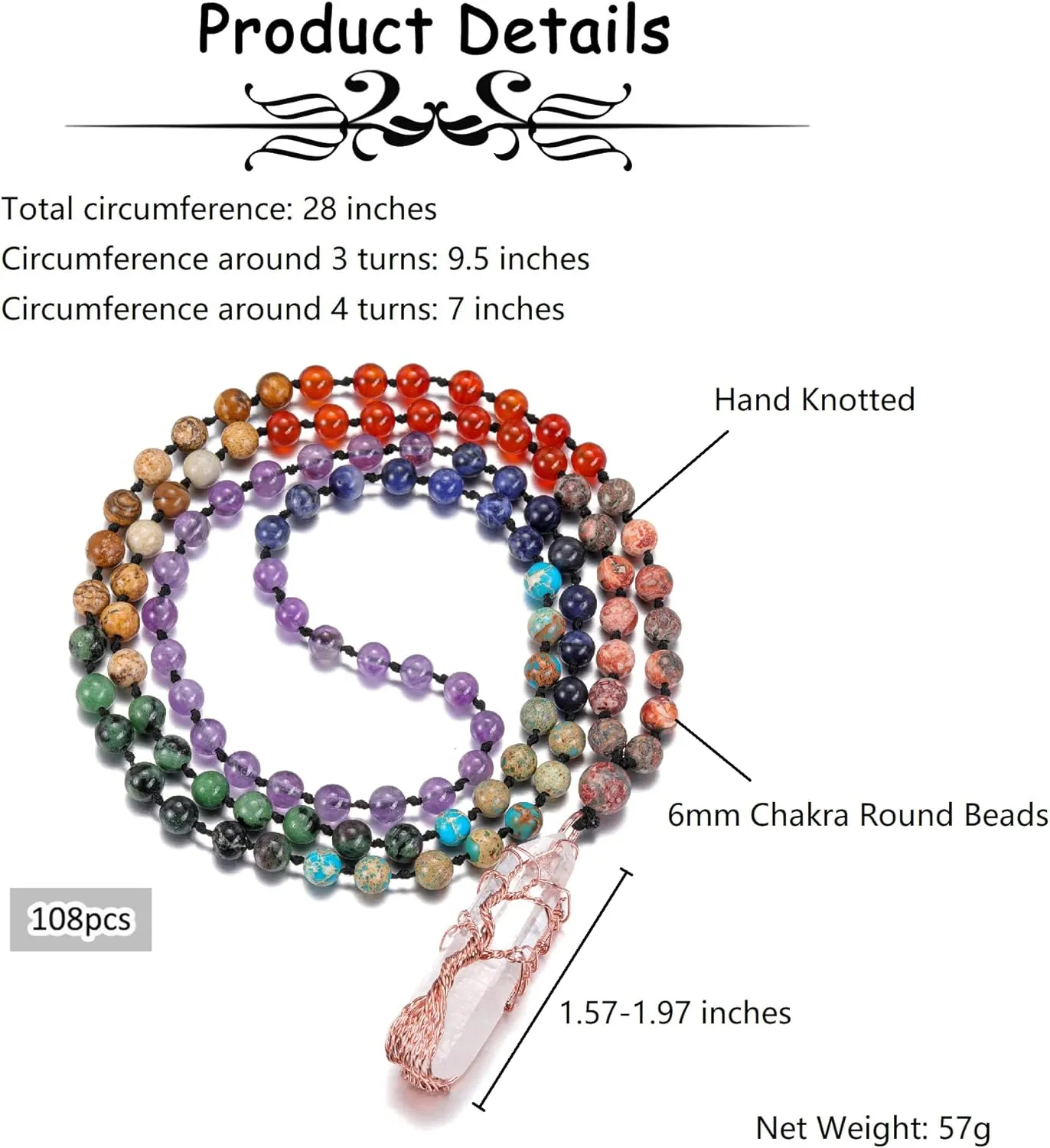 GEHECRST Natural 7 Chakra 108 Mala Prayer Beads Necklace with Reiki Healing Crystal Pointed Pendant 6mm Gemstones Beads Necklace Mens Womens Jewelry for Meditation, Protection