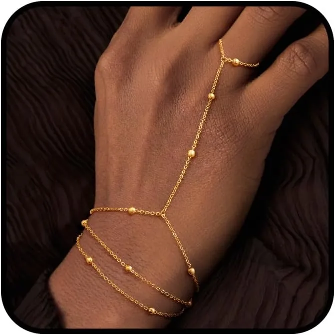 Gold Hand Chain Bracelet for Women, 14k Gold Plated Finger Ring Bracelet Dainty Adjustable Gold Hand Bracelets for Women Non Tarnish Trendy Simple Jewelry for Women